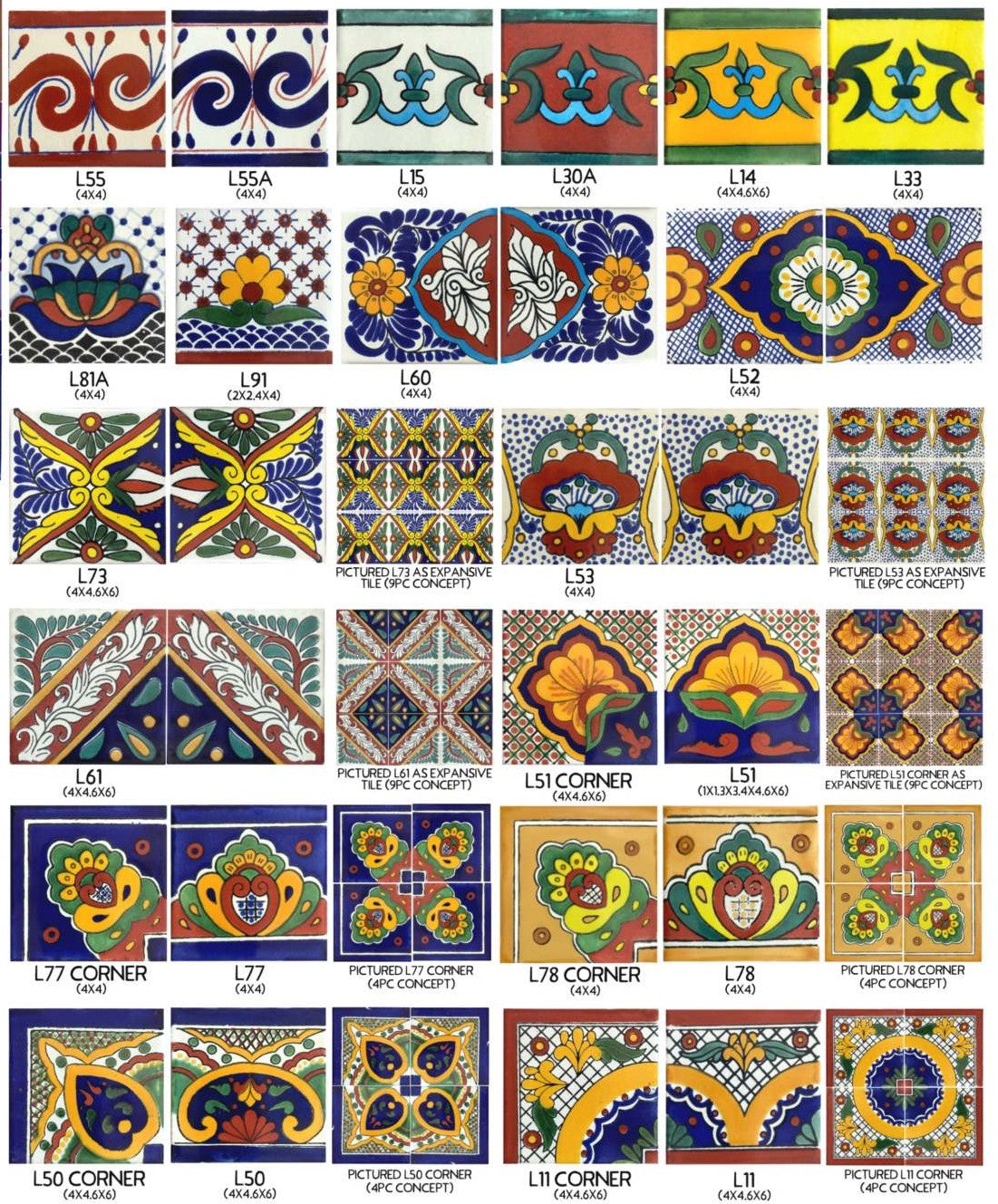 50 PC Assorted Traditional Talavera Tiles 4x4 (Random)
